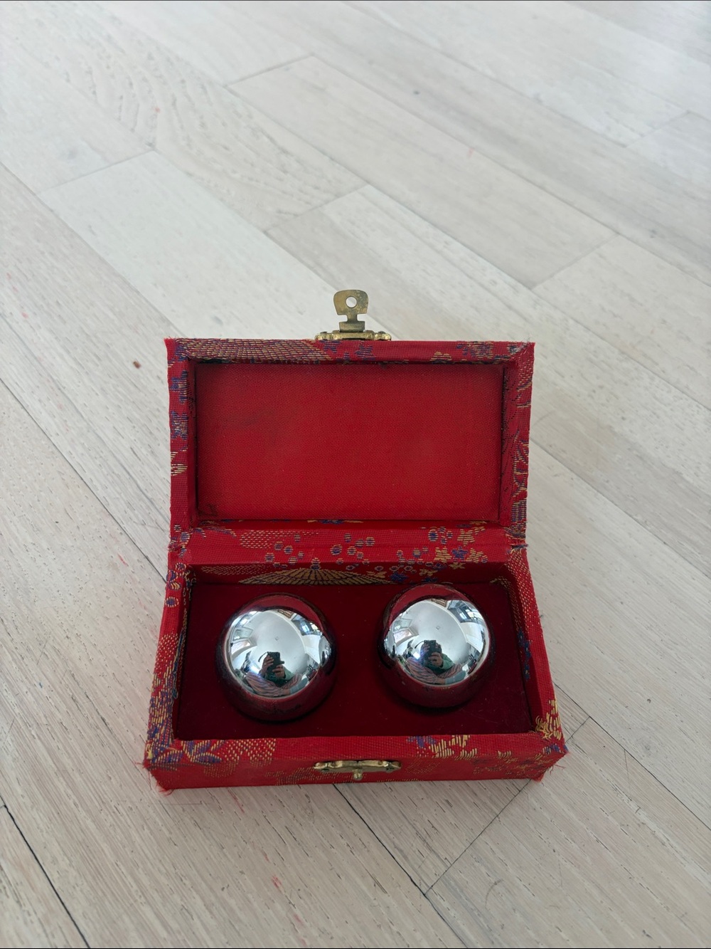 Vintage Red Silk Box with Two Silver Baoding Exercise Balls